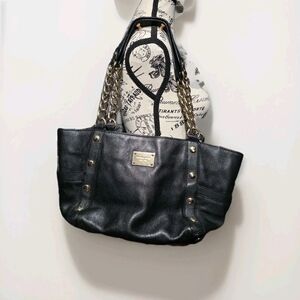 Michael Kors Black Leather Gold Tote Handbag Purse Large Studded Chain
